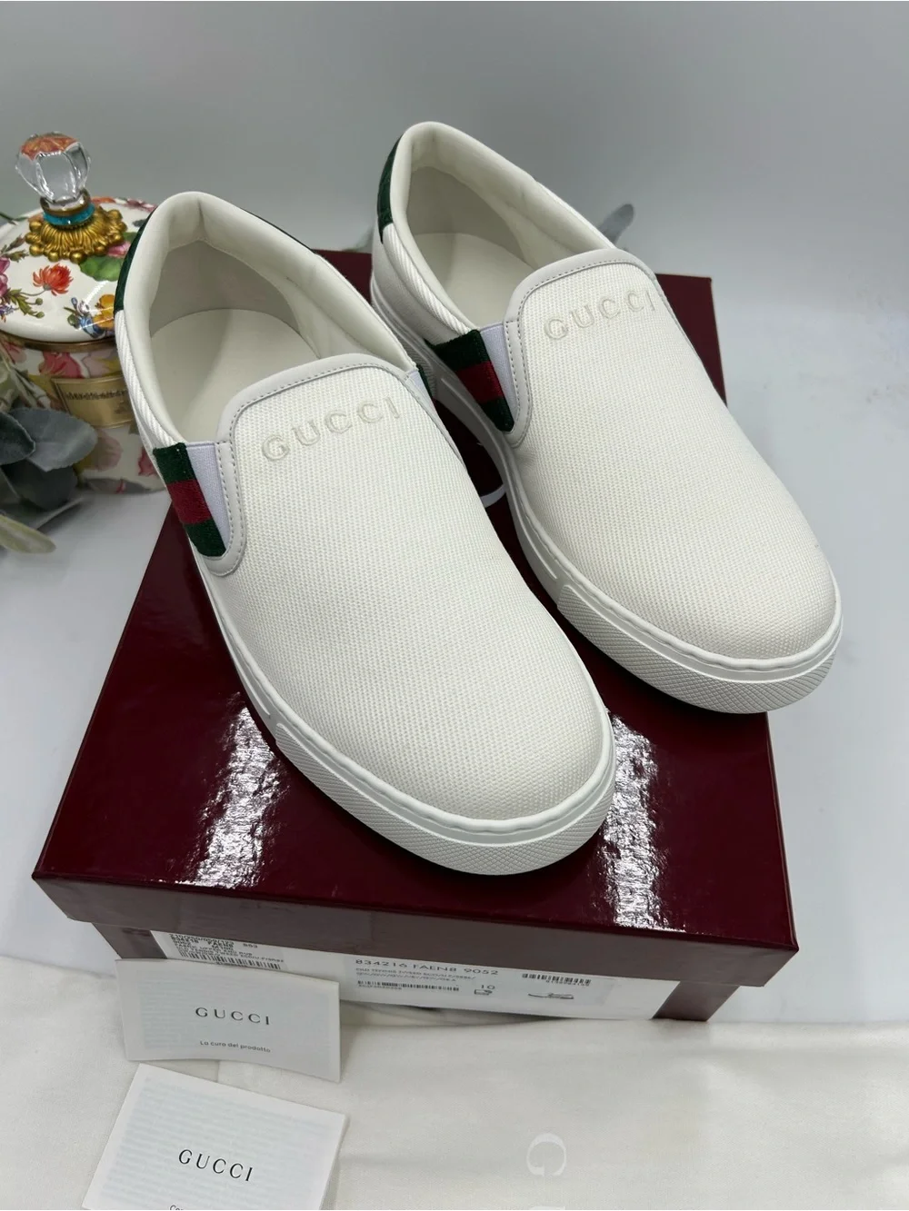 Men's Gucci ace canvas slip on sneakers with iconic web trim size 10 fits 10.5US